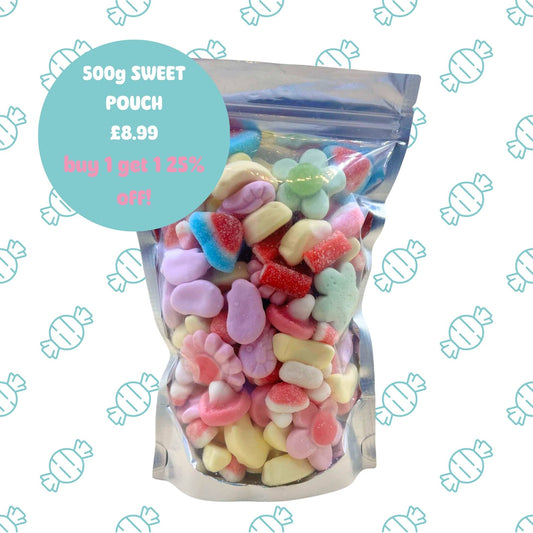 A pick and mix pouch filled with 10 different sweets inside. Including shrimps, flower sweets and bananas