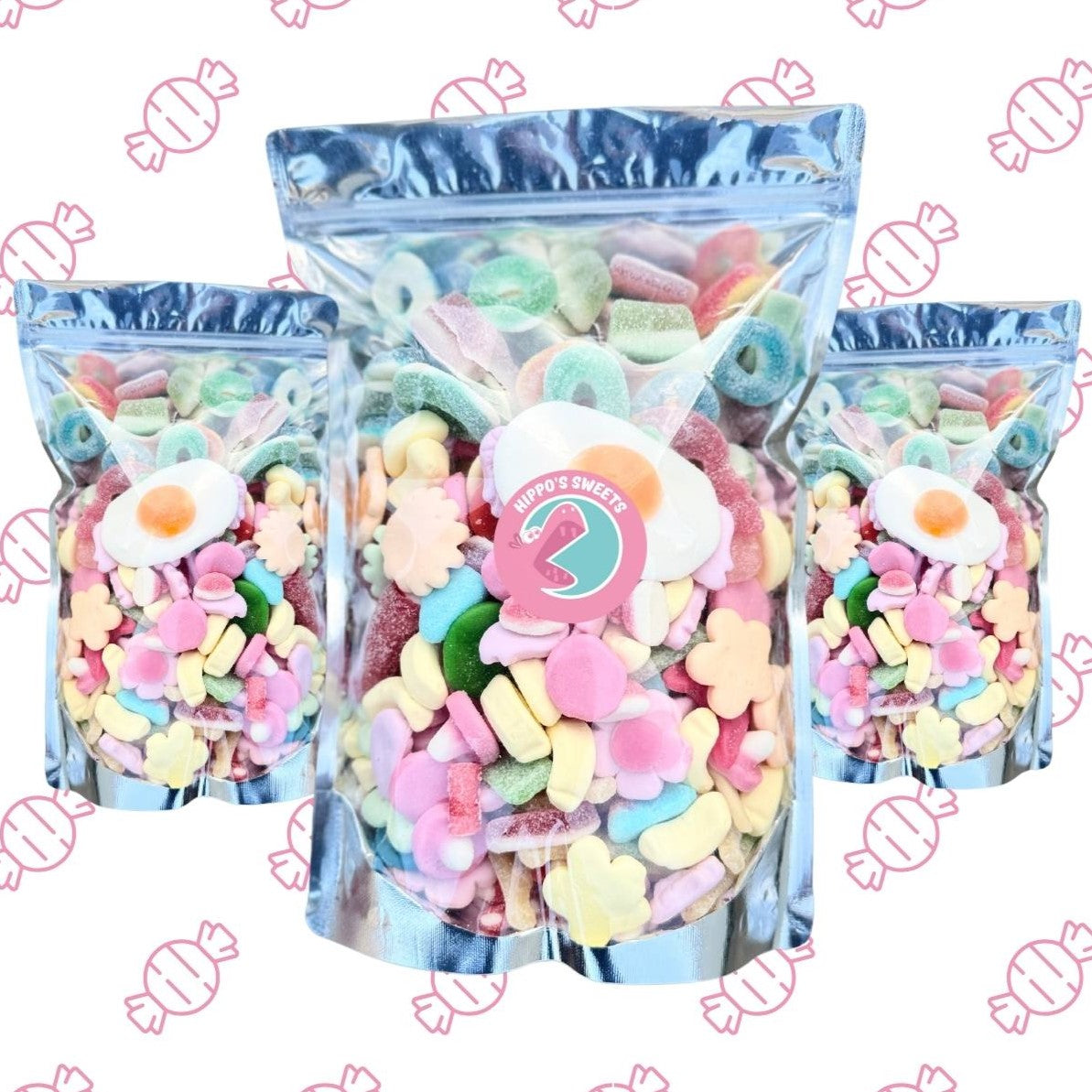 Variety of sweet bag sizes, filled with pic n mix sweets