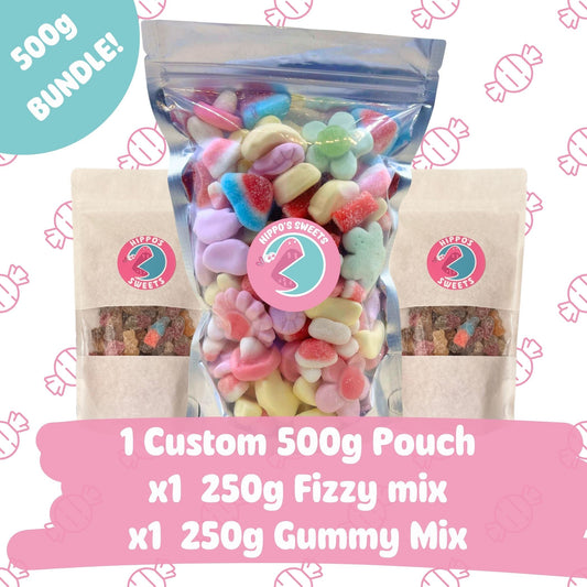 Pick & Mix Bundle – 500g Custom Bag + 250g Fizzy Mix + 250g Gummy Mix! Hippo's Sweets