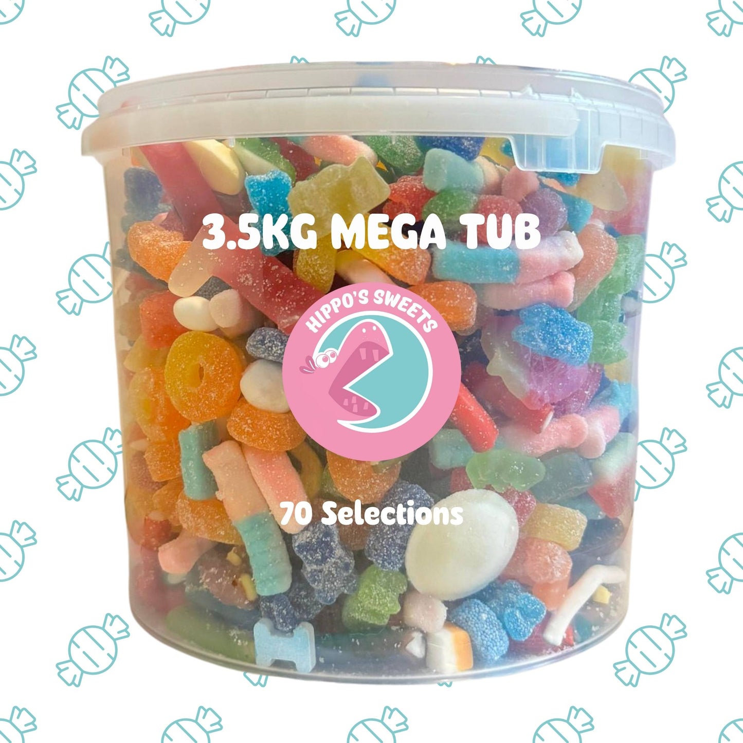 Filled with 70 selections of sweets, a large tub filled with a big selection of sweets, by Hippo's Sweets
