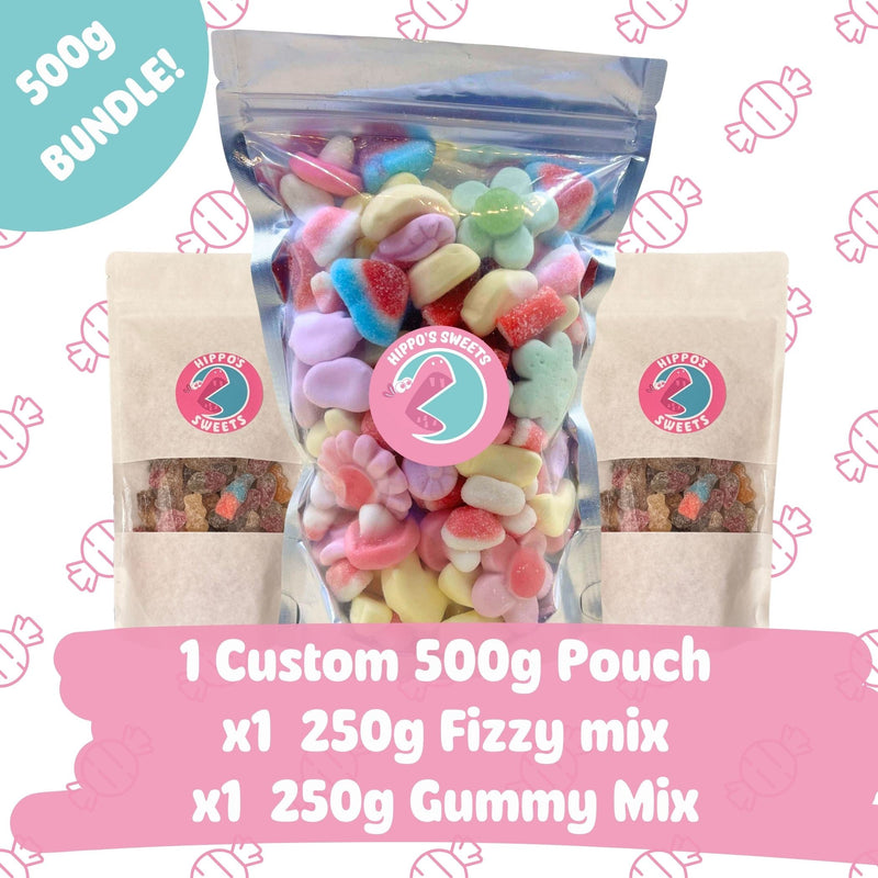 Pick & Mix Bundle – 500g Custom Bag + 250g Fizzy Mix + 250g Gummy Mix! - Hippo's Sweets